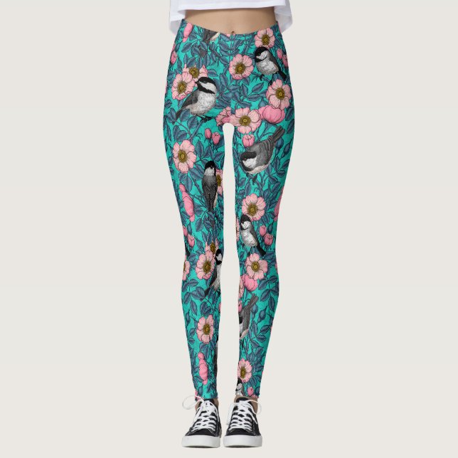 Leggings Les poulets dans la nature rose, rose et bleu (Devant)