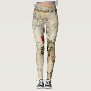 Leggings Lettre vintage d'amour parchemin avec fleurs (10)