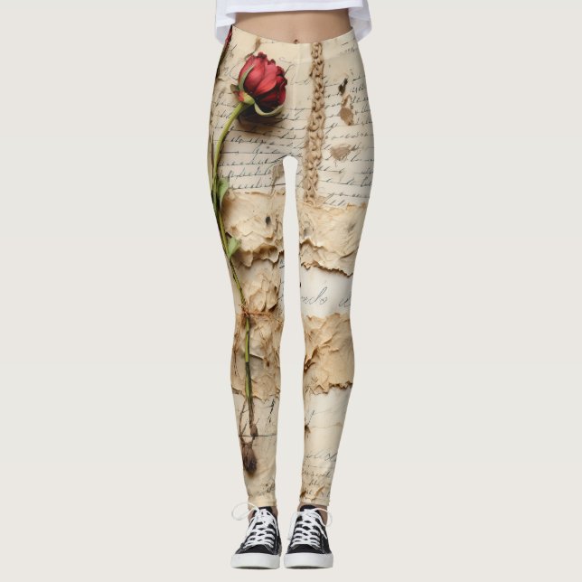 Leggings Lettre vintage d'amour parchemin avec fleurs (2) (Devant)