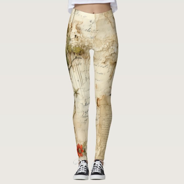 Leggings Lettre vintage d'amour parchemin avec fleurs (6) (Devant)
