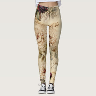 Leggings Lettre vintage d'amour parchemin avec fleurs (7)