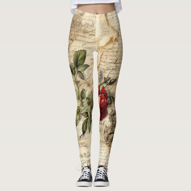 Leggings Lettre vintage d'amour parchemin avec fleurs (9) (Devant)