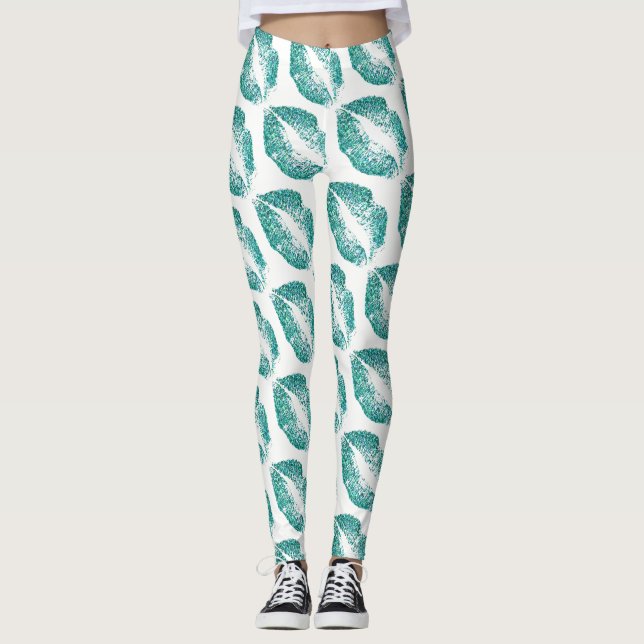 Leggings Lèvres Pailletées Turquoise Modernes Blanches (Devant)
