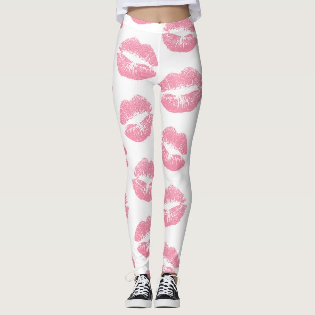 Leggings Lèvres Roses, Motif De Lèvres, Rouge Rose, Baiser (Devant)