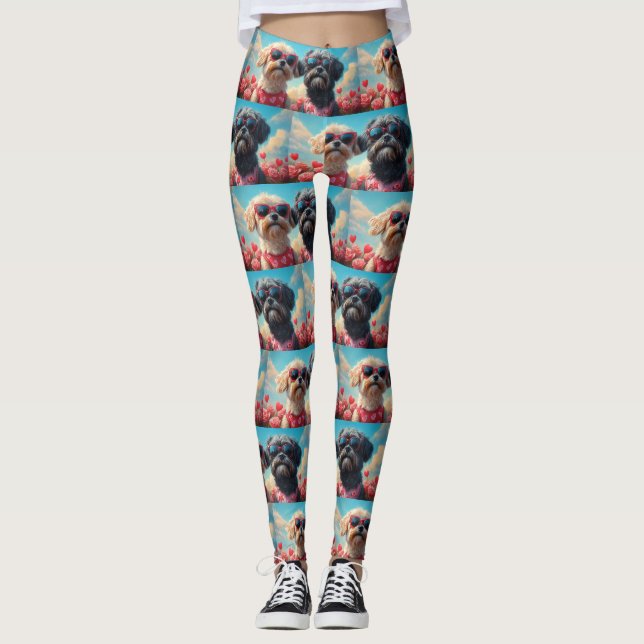 Leggings Lhasa Apso avec Roses de cœur pour la Saint-Valent (Devant)