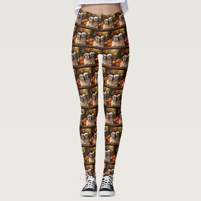 Leggings Lhasa Apso Chiot Automne Citrouille de plaisir (Devant)