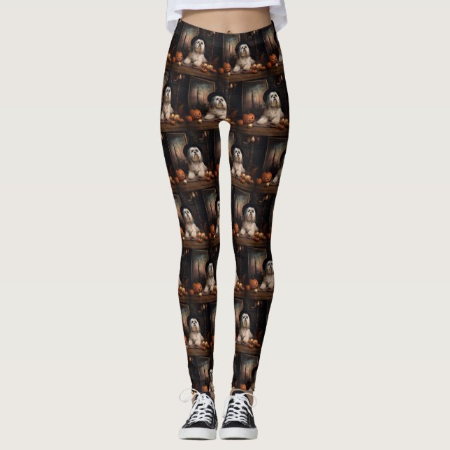 Leggings Lhasa Apso Citrouille Halloween effrayant (Devant)