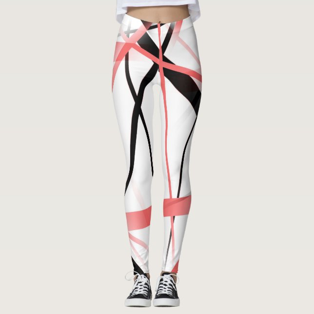 Leggings Ligne Moderne Géométrie Froide Blanc Rose-Noir (Devant)