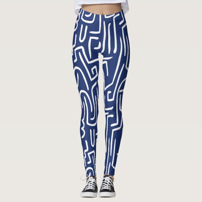 Leggings Lignes Abstraites 130318 - Blanc sur #1D336D Bleu (Devant)