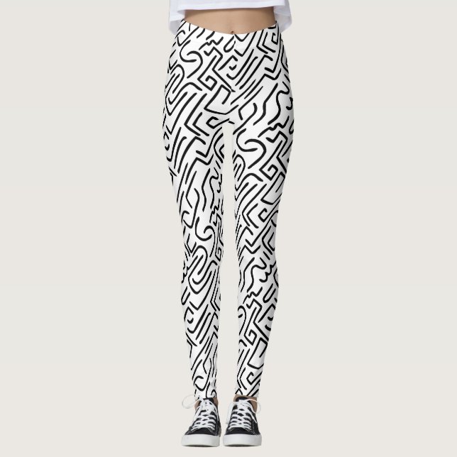 Leggings Lignes Abstraites 130318b) - Noir sur blanc (Devant)