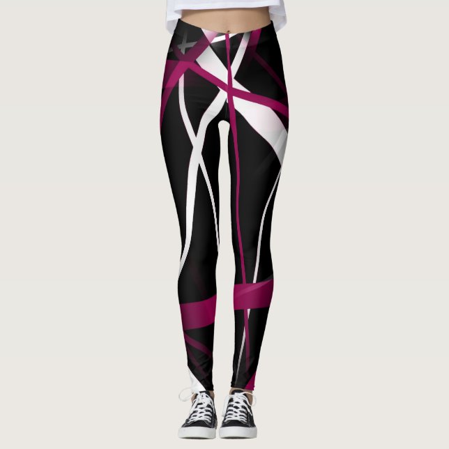 Leggings Lignes Abstraites rose et blanc sur Ba Noir (Devant)