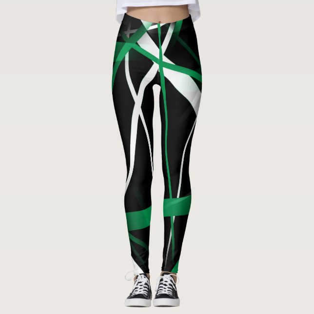 Leggings Lignes Abstraites vertes et blanches en noir (Devant)
