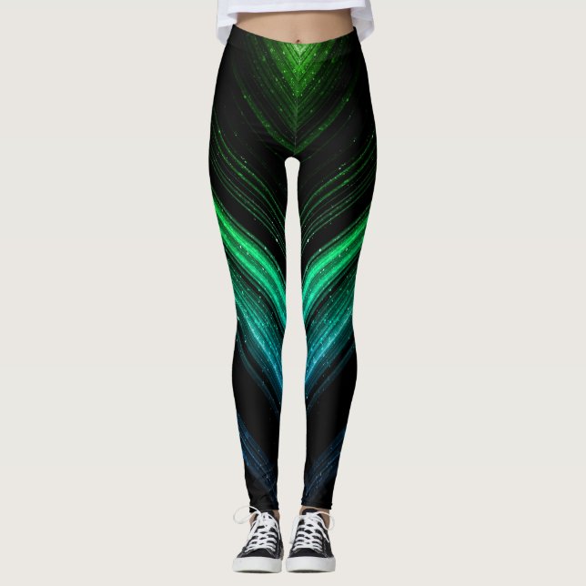 Leggings Lignes de chevrons de galaxie verte en métal brill (Devant)
