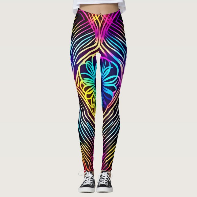 Leggings Lignes de néon psychédélique avec art floral (Devant)