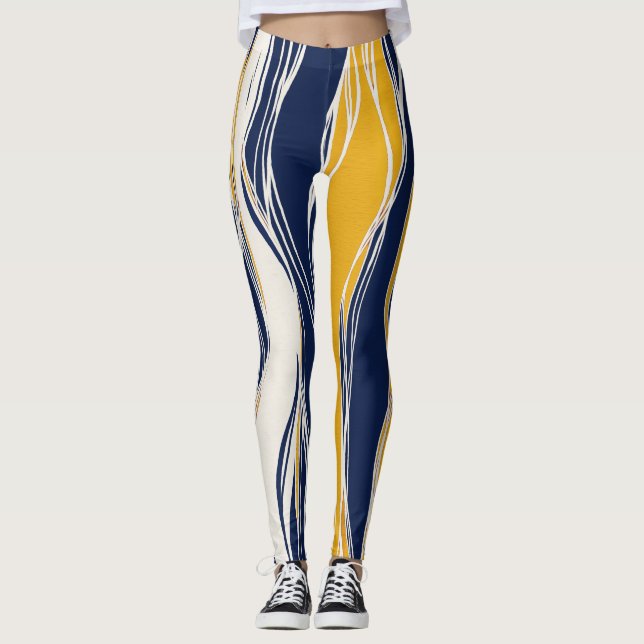 Leggings Lignes élégantes, modernes, bleu marine et jaune (Devant)