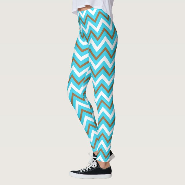 Leggings Lignes géométriques bleues marron blanches en zig  (Gauche)