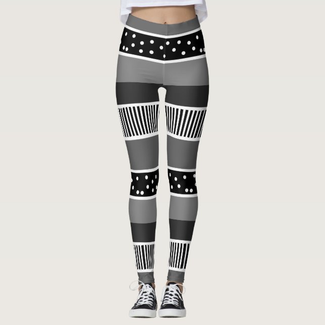 Leggings Lignes noires et blanches et Pointe Polka Abstrait (Devant)