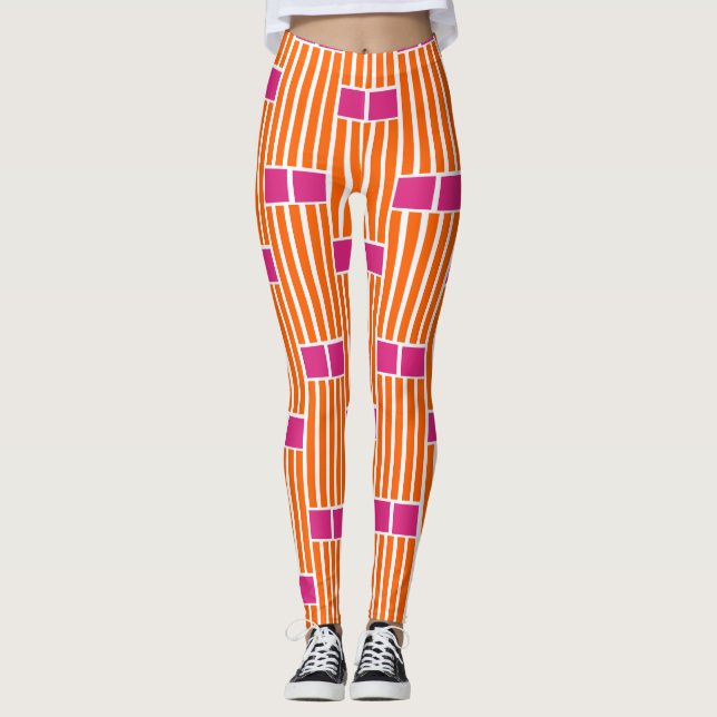 Leggings Lignes orange et boîtes roses (Devant)