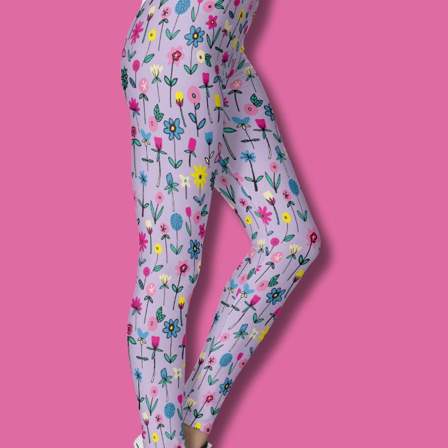 Leggings Lilas fleur sauvage pré fantaisiste (lilac wildflower hand drawn floral flower garden leggings)