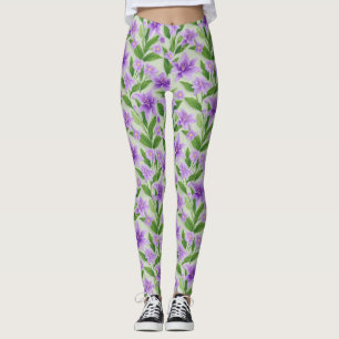 Leggings Lilias Violets Vibrants Avec Feuilles Vertes