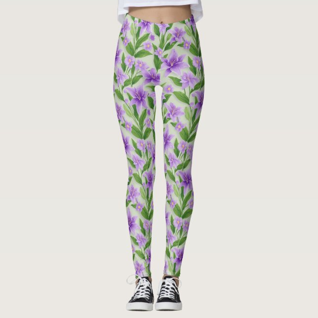 Leggings Lilias Violets Vibrants Avec Feuilles Vertes (Devant)