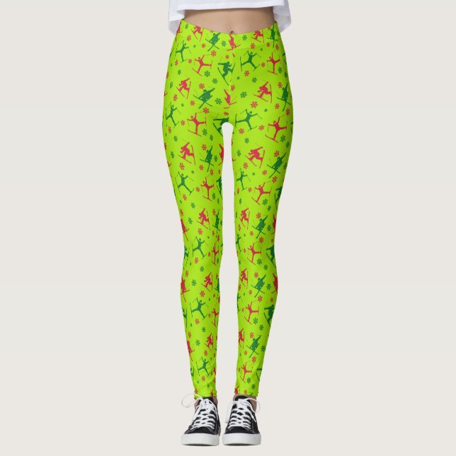 Leggings Lime Green Ski Tricks Motif Noël (Devant)
