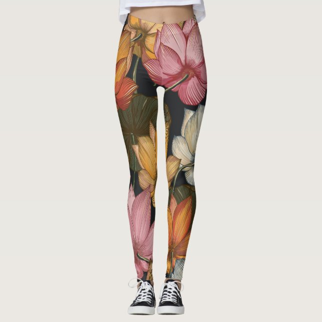 Leggings Lit d'eau de Lotus rose jaune sur noir (Devant)