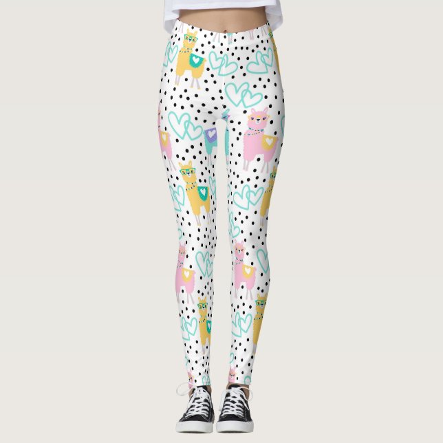 Leggings Llamas roses et jaunes aux coeurs (Devant)