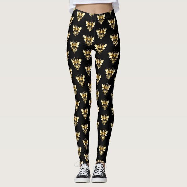 Leggings Logo Faux Gold Foil Bee Polygonal sur Noir (Devant)
