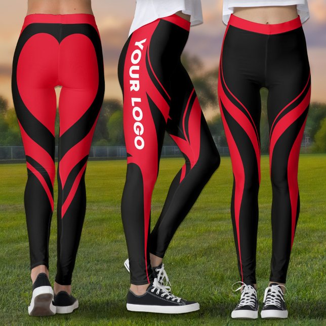 Leggings Logo Uniforme de l'équipe Red Black Heart Butt (Red and black leggings with red heart on butt and your team logo on the side of the leg)