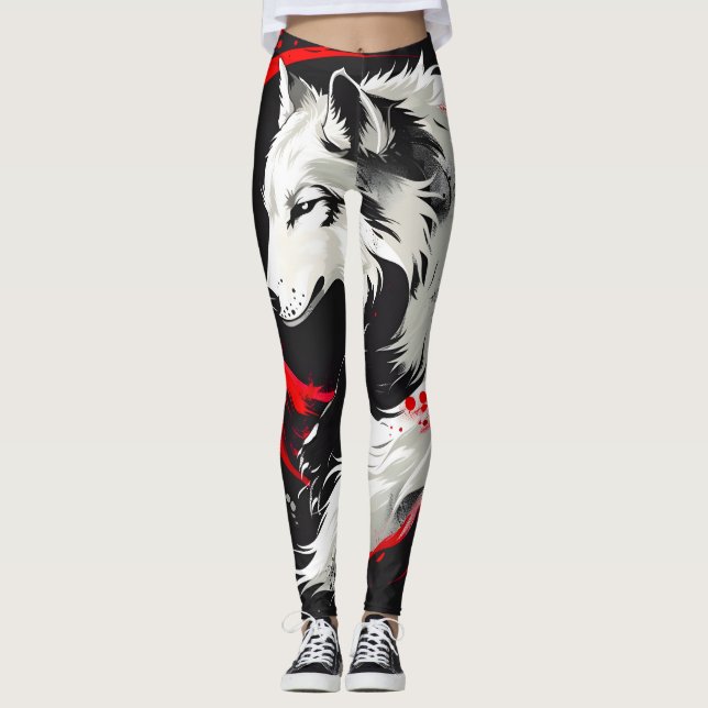 Leggings Loup blanc rouge lunaire (Devant)
