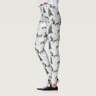 Leggings Loups à l'aquarelle Pins Couverts de Neige