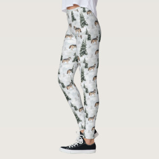Leggings Loups à l'aquarelle Pins Couverts de Neige
