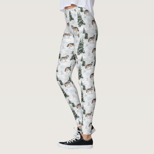 Leggings Loups à l'aquarelle Pins Couverts de Neige (Gauche)