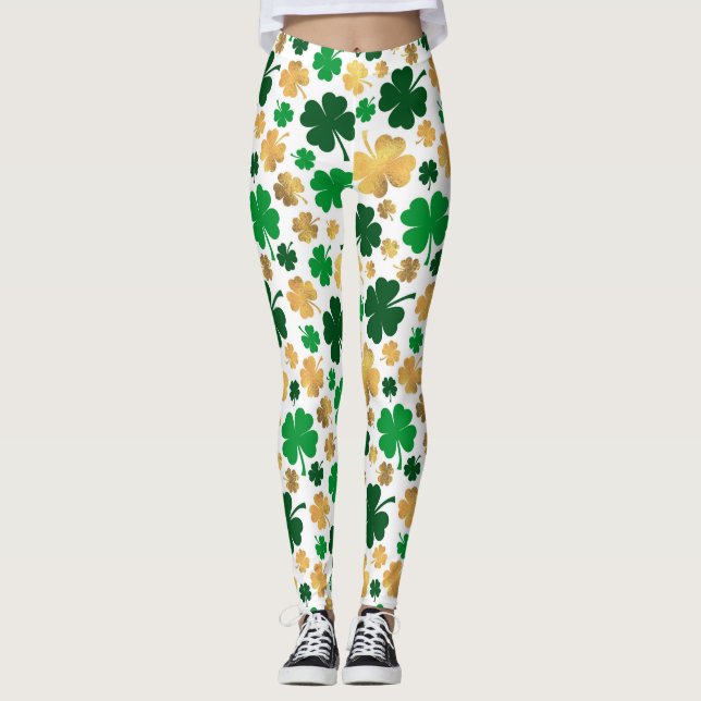 Leggings Lucky Gold Foil Four Leaf Shamrock Motif (Devant)