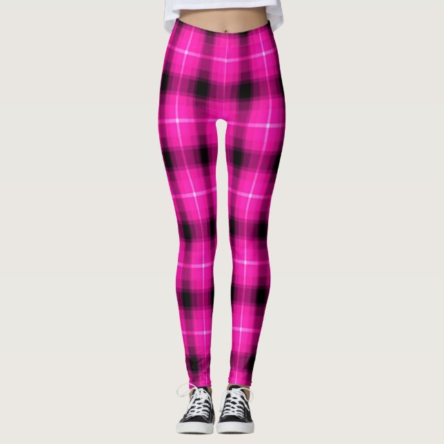 Leggings Lumière rose au néon de noir de plaid (Devant)