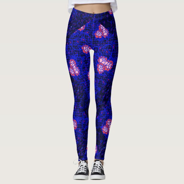 Leggings Lumineuse filet bleu avec fleurs 01 Black BG (Devant)