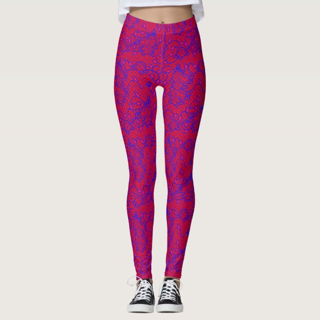 Leggings Lumineuse filet bleu avec fleurs 02b Rouge BG (Devant)
