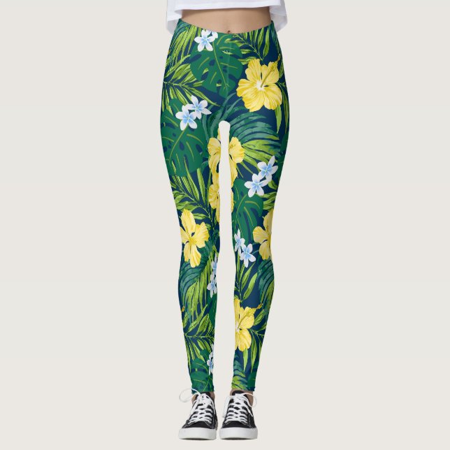 Leggings Luna Hibiscus Garden Hawaiian - Jaune et Marine (Devant)
