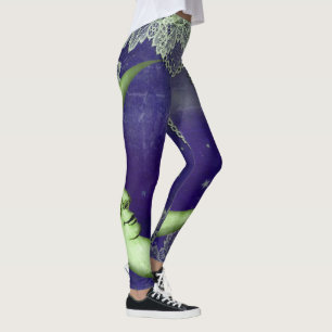 Leggings Lune et dentelle verte de chaux sur violet