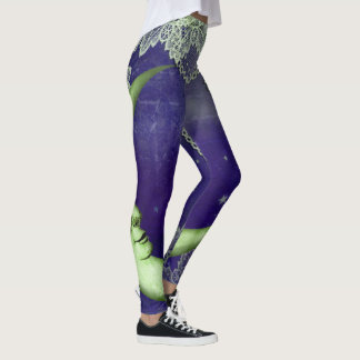 Leggings Lune et dentelle verte de chaux sur violet