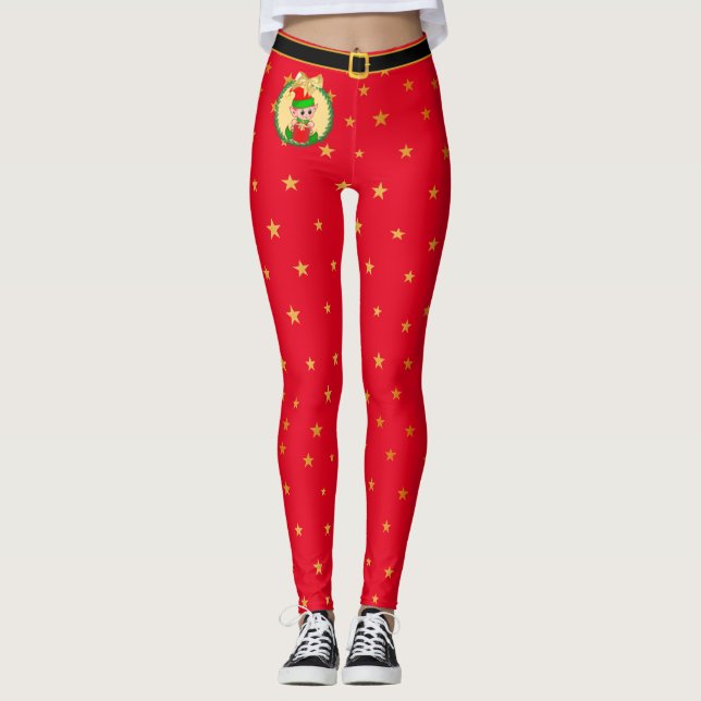 Leggings lutin de Noël, couronne de pin & étoiles sur fond  (Devant)