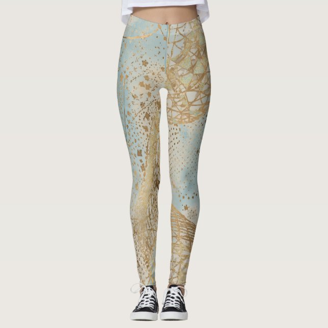 Leggings Luxe, motif de lignes de pixels dorés bleu doux (Devant)