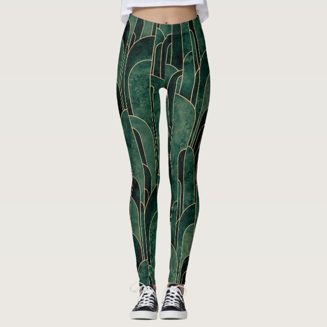 Leggings Luxueux Motif Art déco Vert et Or (Devant)