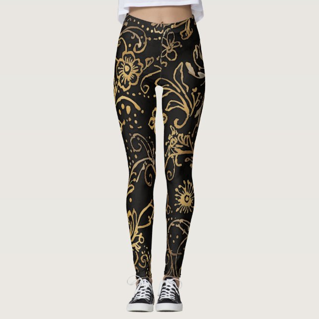 Leggings Luxueux, motif de fleurs noir or (Devant)