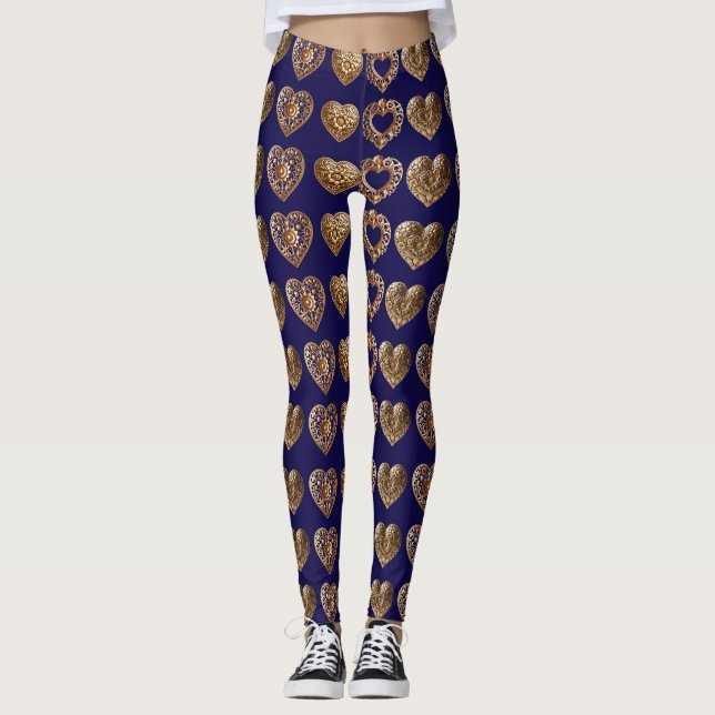 Leggings Luxurious Golden Baroque Hearts Pattern on Navy Bl (Devant)