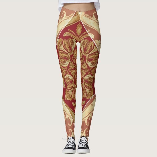 Leggings Luxury Athleisure: Golden Red Ornate Full-Length L (Devant)