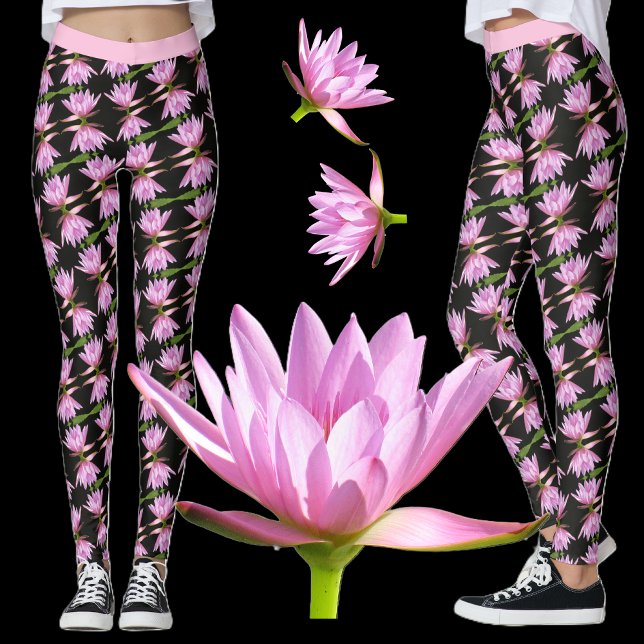 Leggings Lys d'eau rose avec noir et vert - Floral (Créateur téléchargé)