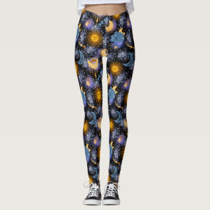 Leggings Magie céleste Motif Lune étoiles Soleil Noir