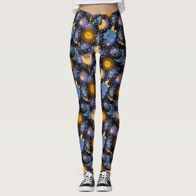 Leggings Magie céleste Motif Lune étoiles Soleil Noir (Devant)